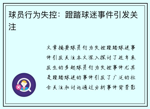 球员行为失控：蹬踏球迷事件引发关注